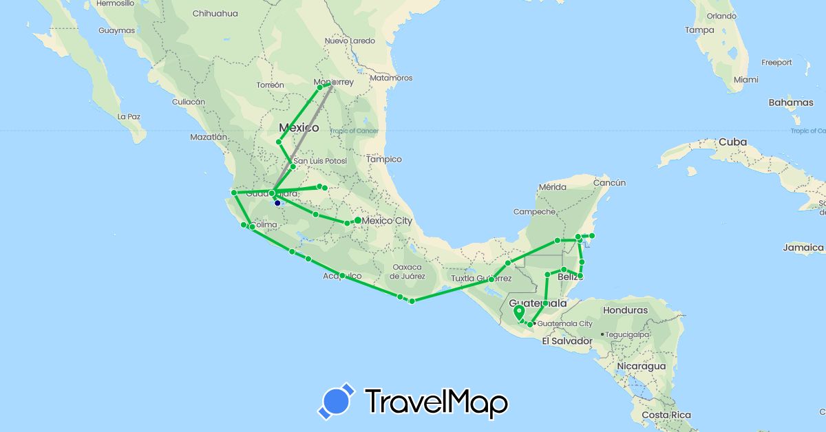 TravelMap itinerary: driving, bus, plane in Belize, Guatemala, Mexico (North America)